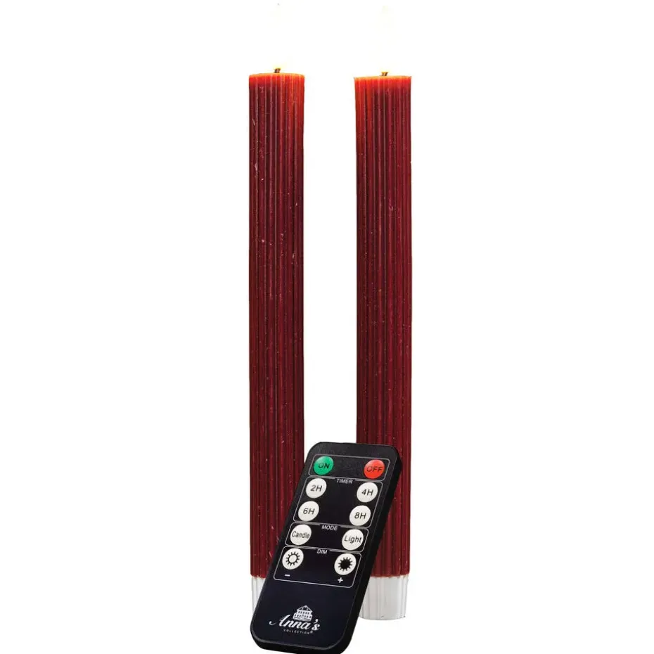 Anna's Collection LED dinerkaarsen - 2x - bordeaux rood - ribbel