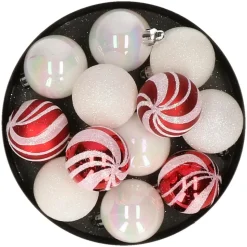 Atmosphera kerstballen 12x -kunststof - parelmoer wit/rood - 4 cm