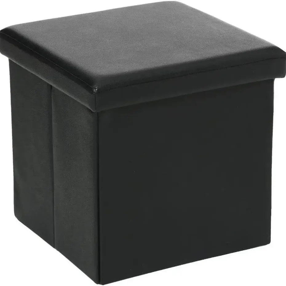 Atmosphera Poef/Hocker - opbergbox - zwart - pvc/mdf - 38 x 38 cm