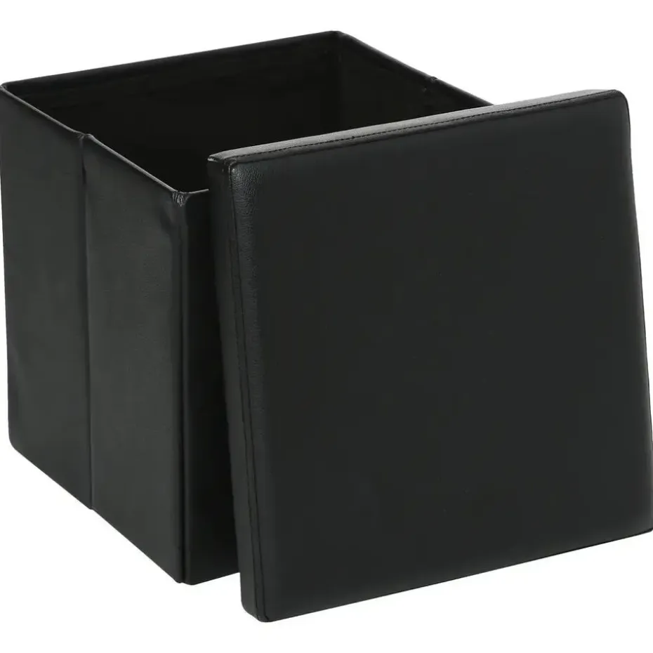 Atmosphera Poef/Hocker - opbergbox - zwart - pvc/mdf - 38 x 38 cm