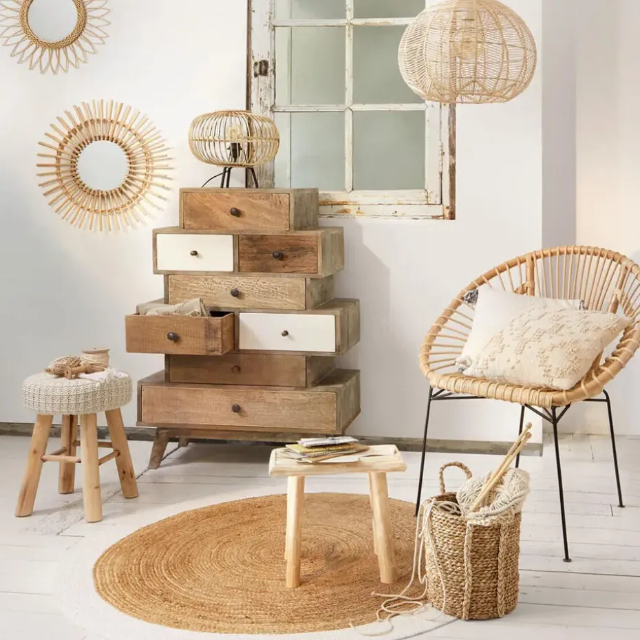 Atmosphera Ribcord krukje - beige - hout/stof - D31 x H43 cm