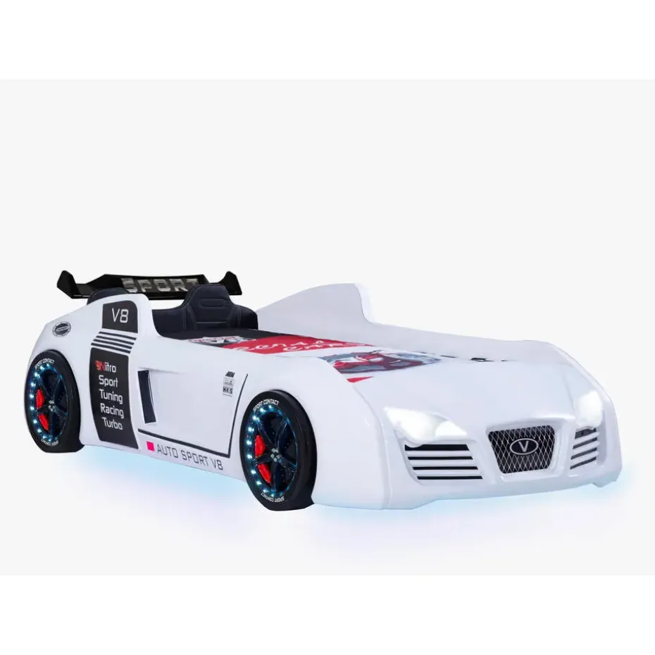 Autobed - Racebed - Met LED en sounds - V8 Sport - 239x127x72 cm - Wit