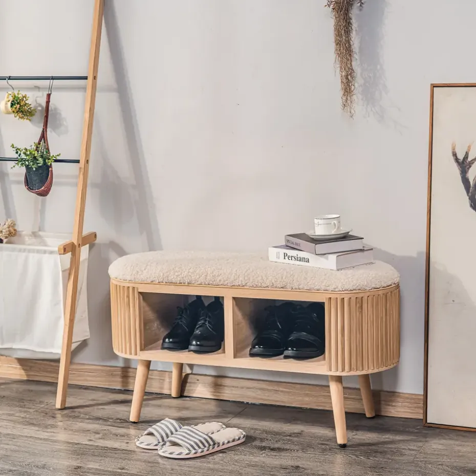 Bank met opbergruimte in grenen en witte lussen