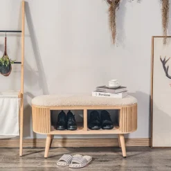 Bank met opbergruimte in grenen en witte lussen