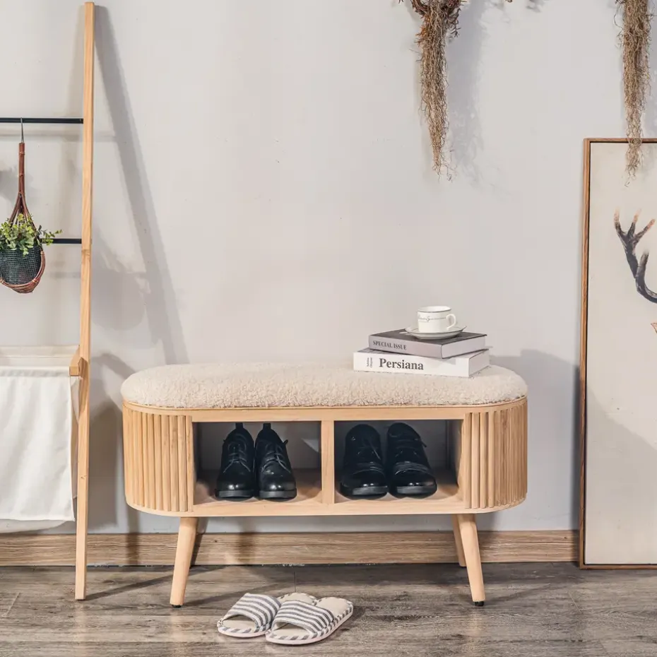 Bank met opbergruimte in grenen en witte lussen