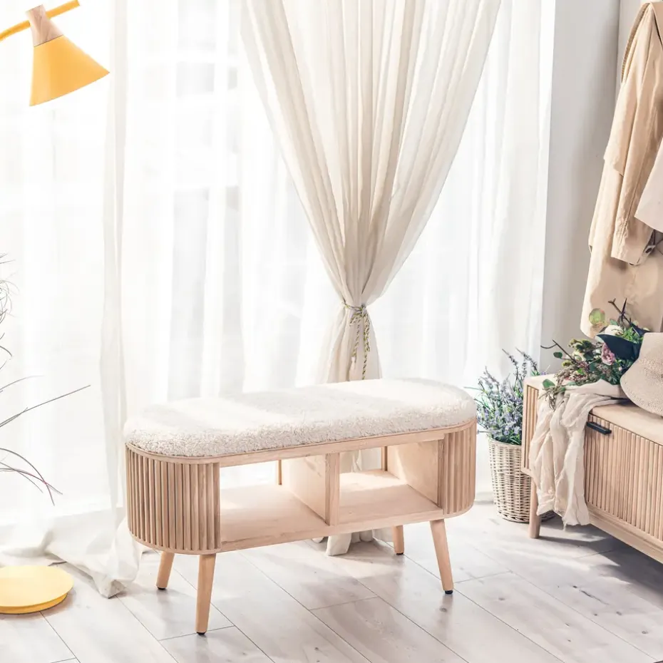 Bank met opbergruimte in grenen en witte lussen