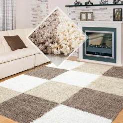 Basic Shaggy Geblokt vloerkleed Bruin / Beige Hoogpolig - 200x290 CM