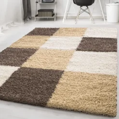 Basic Shaggy Geblokt vloerkleed Bruin / Beige Hoogpolig - 160x230 CM