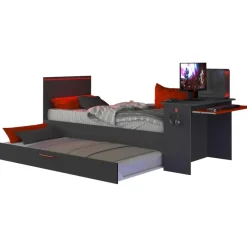 Bed Bzone 90x200 cm met bedlade, bureau en ledverlichting - antraciet