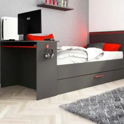 Bed Bzone 90x200 cm met bedlade, bureau en ledverlichting - antraciet