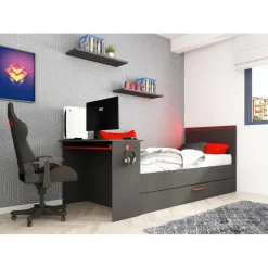 Bed Bzone 90x200 cm met bedlade, bureau en ledverlichting - antraciet