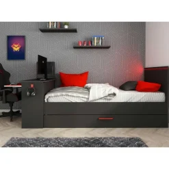 Bed Bzone 90x200 cm met bedlade, bureau en ledverlichting - antraciet