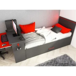 Bed Bzone 90x200 cm met bedlade, bureau en ledverlichting - antraciet