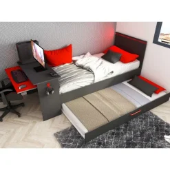 Bed Bzone 90x200 cm met bedlade, bureau en ledverlichting - antraciet