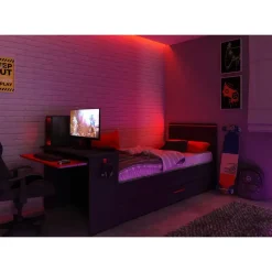 Bed Bzone 90x200 cm met bedlade, bureau en ledverlichting - antraciet