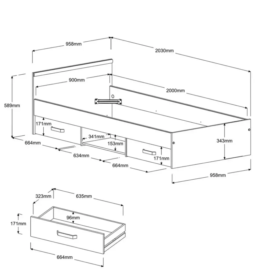 Bed Natan incl. lades - eiken/zwart - 90x200 cm