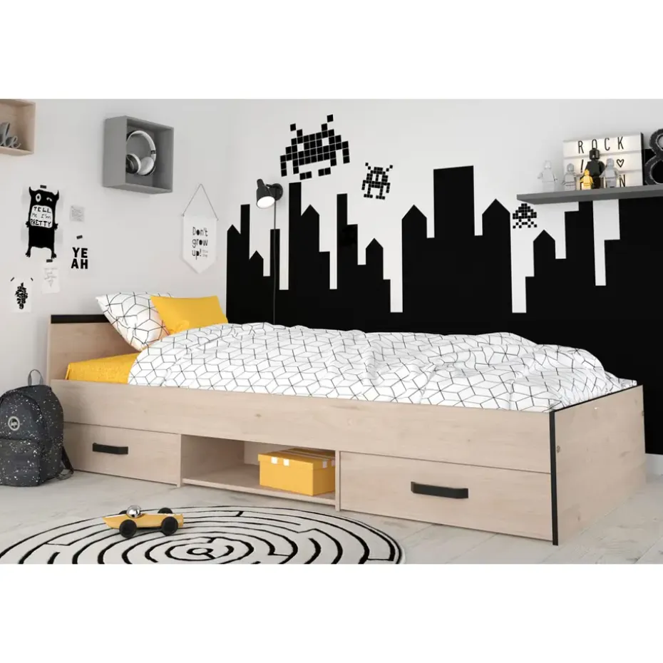 Bed Natan incl. lades - eiken/zwart - 90x200 cm