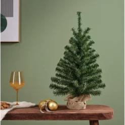 Bellatio Decorations Kunst kerstboom - groen - H90 cm - jute zak