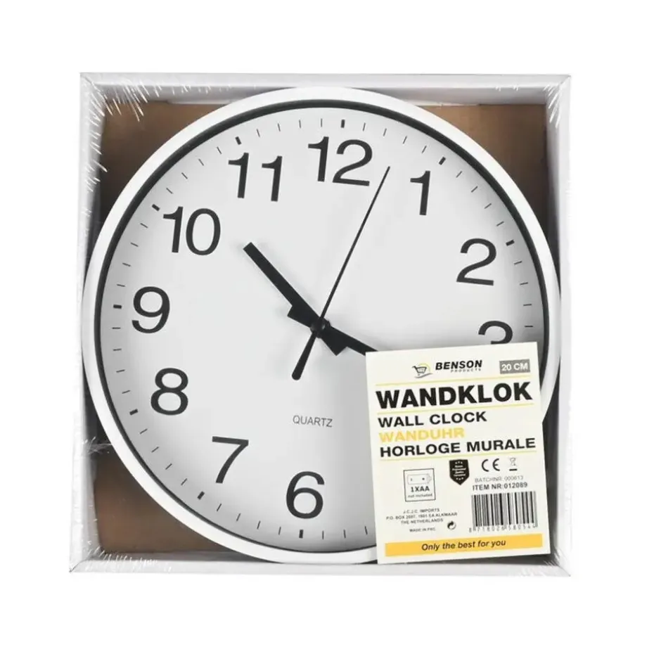 Benson Wandklok/muur klok - wit - kunststof - Dia 20 cm