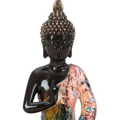 Boeddha beeld - kunststeen - zwart/kleurenmix - 16 x 26 cm