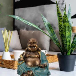 Boeddha beeld Happy Shaman - kunststeen - goud/jade - 22 x 23 cm