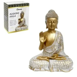 Boeddha decoratie beeldje - kunststeen - goud/wit - 22cm hoog