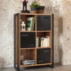 Boekenkast Sapphire - 89x35x127cm - 3 deuren - zwart metaal/eikdecor