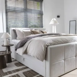 Boxspring met opbergruimte en voetbord Liv geblokt - ecru - 140x200cm