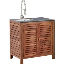 BRUCOLI - Buitenkeukenkast met spoelbak - Bruin/Zilver - Acaciahout