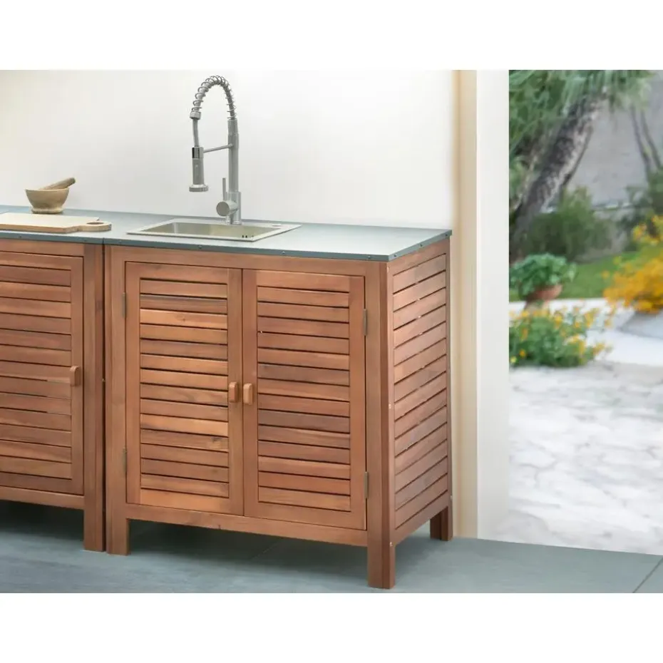 BRUCOLI - Buitenkeukenkast met spoelbak - Bruin/Zilver - Acaciahout