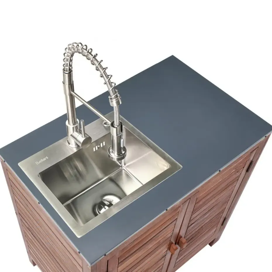 BRUCOLI - Buitenkeukenkast met spoelbak - Bruin/Zilver - Acaciahout