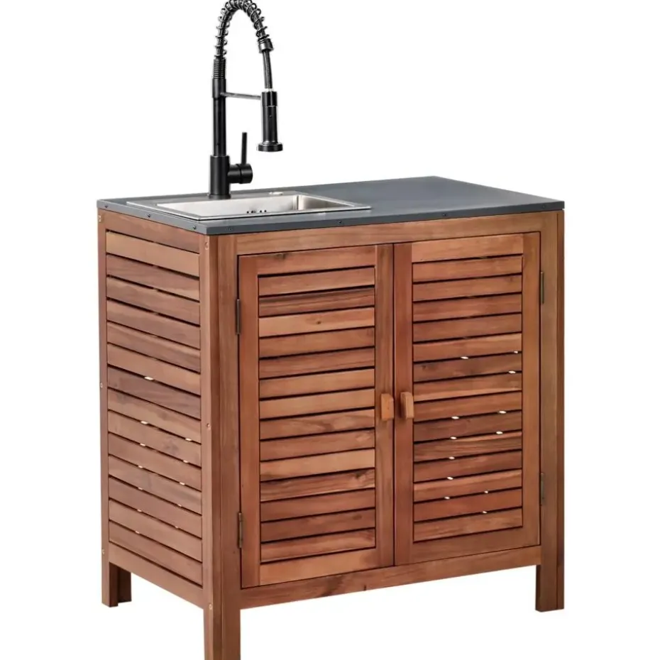 BRUCOLI - Buitenkeukenkast met spoelbak - Bruin/Zwart - Acaciahout