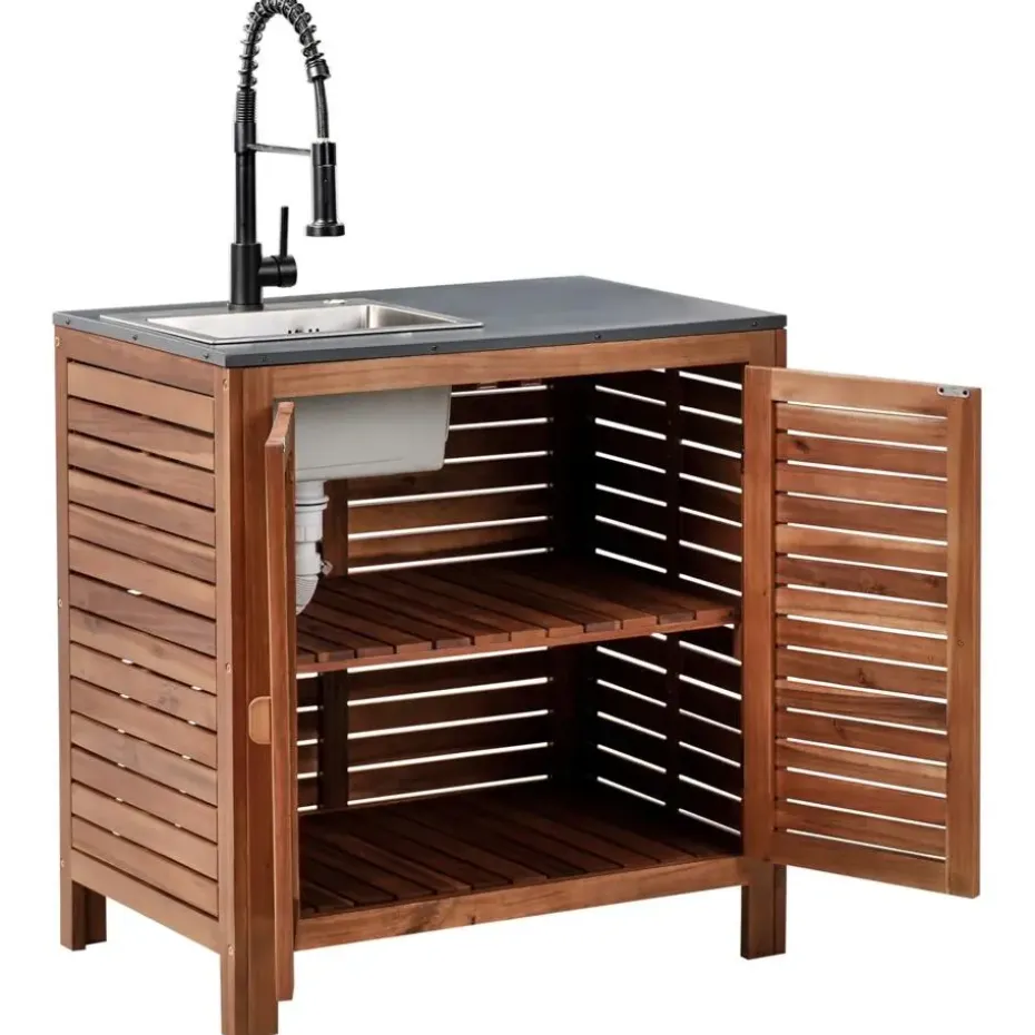 BRUCOLI - Buitenkeukenkast met spoelbak - Bruin/Zwart - Acaciahout