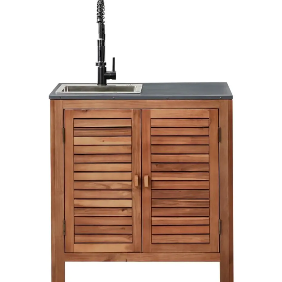 BRUCOLI - Buitenkeukenkast met spoelbak - Bruin/Zwart - Acaciahout