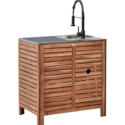 BRUCOLI - Buitenkeukenkast met spoelbak - Bruin/Zwart - Acaciahout