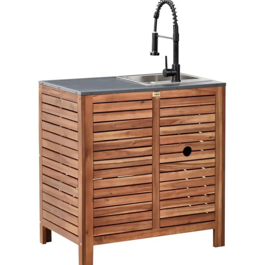 BRUCOLI - Buitenkeukenkast met spoelbak - Bruin/Zwart - Acaciahout