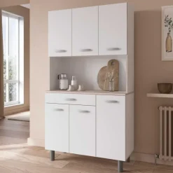 Buffetkast Pavel 185cm hoog - mat wit/acacia met werkblad