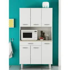 Buffetkast Pavel 185cm hoog - mat wit/acacia met werkblad