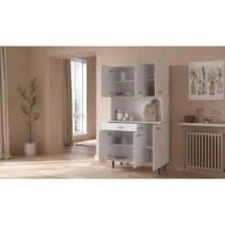 Buffetkast Pavel 185cm hoog - mat wit/acacia met werkblad