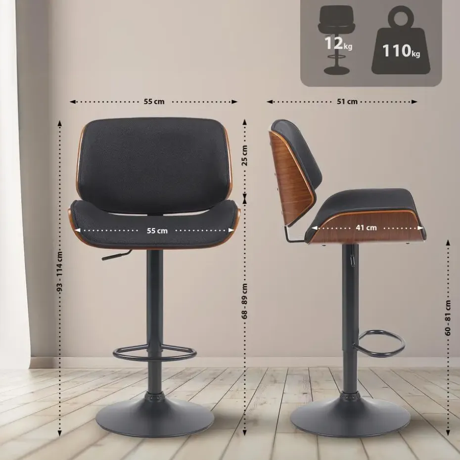 CLP Barkruk Beverley zwart Frame - Stof - walnoot/zwart