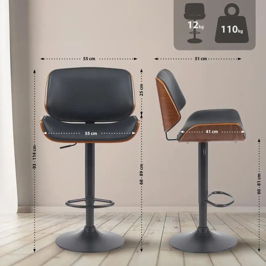 CLP Barkruk Beverley zwart Frame - Metaal - walnoot/zwart