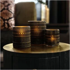 Countryfield theelichthouder/kaarsenhouder - zwart/goud - H8 cm