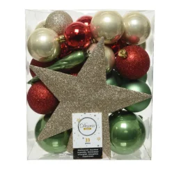 Decoris kerstballen - 34-dlg - champagne/rood/groen - kunststof