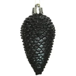 Decoris Kersthangers dennenappels - 6x - zwart - glitter - 8 cm