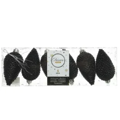 Decoris Kersthangers dennenappels - 6x - zwart - glitter - 8 cm