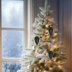 Decoris Kersthangers dennenappels - 6x - zwart - glitter - 8 cm