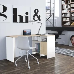 Diagone Hoekbureau Liverpool - 1 deur 3 vakken -Wit/Eikenkleur