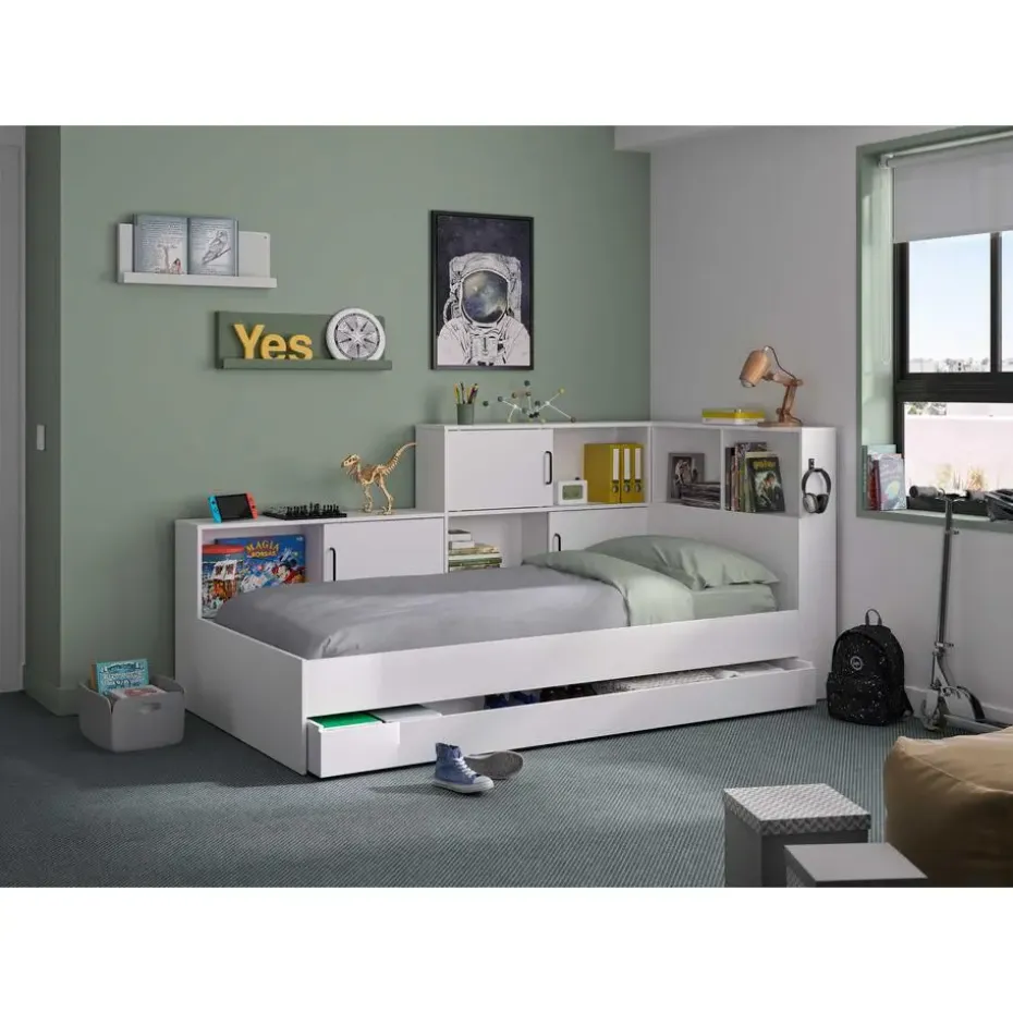 Diagone Tienerbed met bedlade en opbergruimte Erwan - 90 x 200 cm - Wit