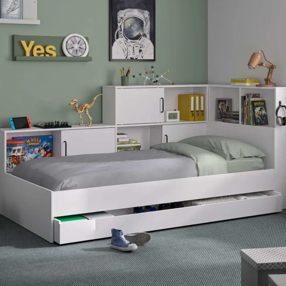 Diagone Tienerbed met bedlade en opbergruimte Erwan - 90 x 200 cm - Wit