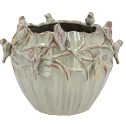 DK Design Bloempot/plantenpot Vogels - mosgroen - D26 x H20 cm